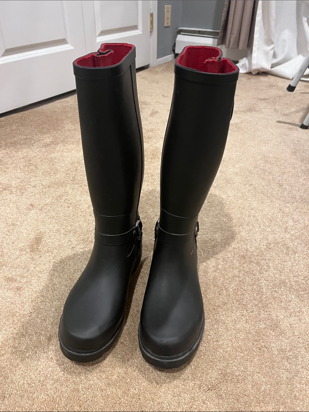 Women’s Black Knee-High Rain Boots with Red Lining